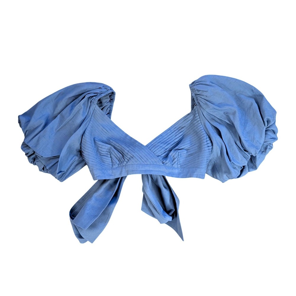 Sau Lee Lottie Top Cornflower Blue Linen Puff Sleeve Pleated Crop Top- Size 2 - Picture 2 of 7